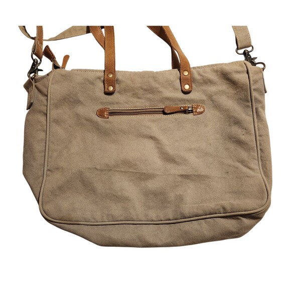 Myra Bag Abridge Weekender Bag Upcycled Beige & Black Canvas w/Leather Cowhide - Picture 3 of 11